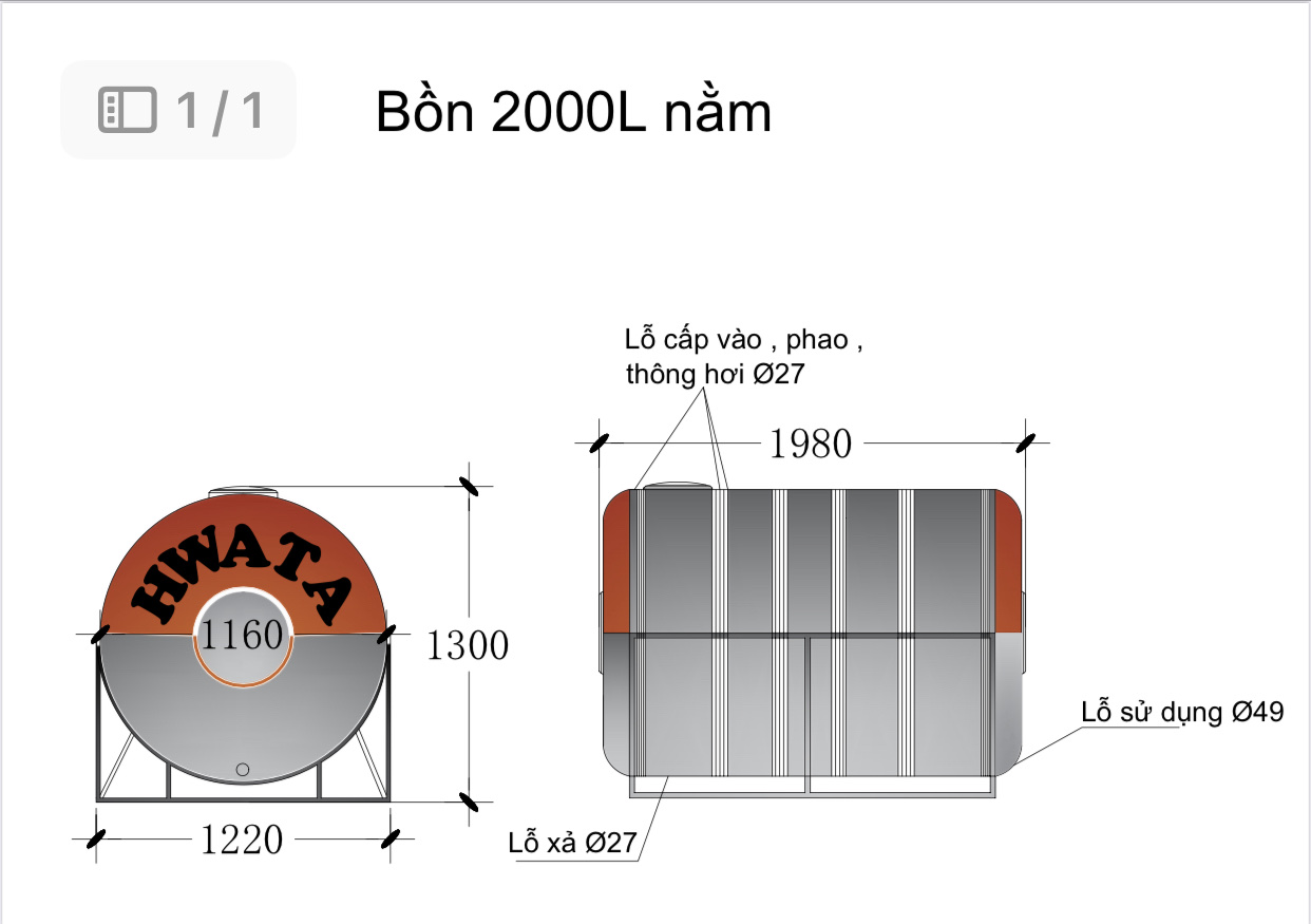 Thông số kỹ thuật Bồn Nước Inox Hwata 2000L Ngang